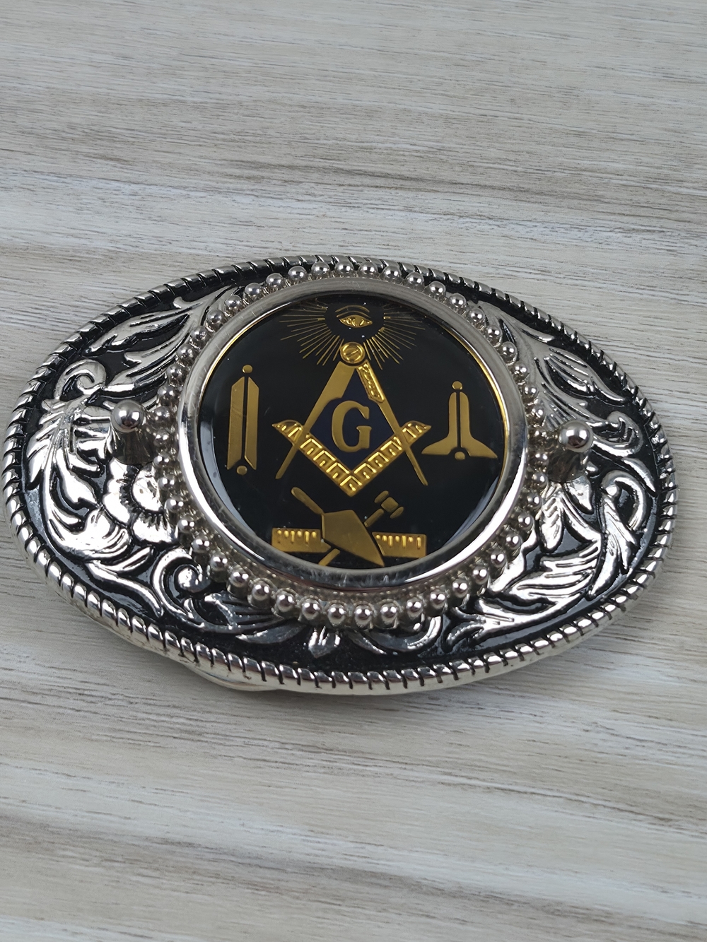 Vintage Masonic Belt Buckle Gold Tone Emblem Silver Scroll Made in USA